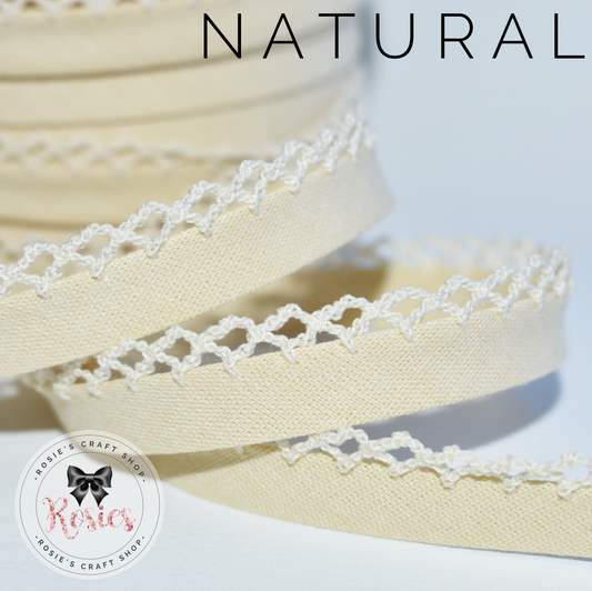 12mm Natural Plain Pre-Folded Bias Binding with Scallop Lace Edge - Rosie's Craft Shop Ltd