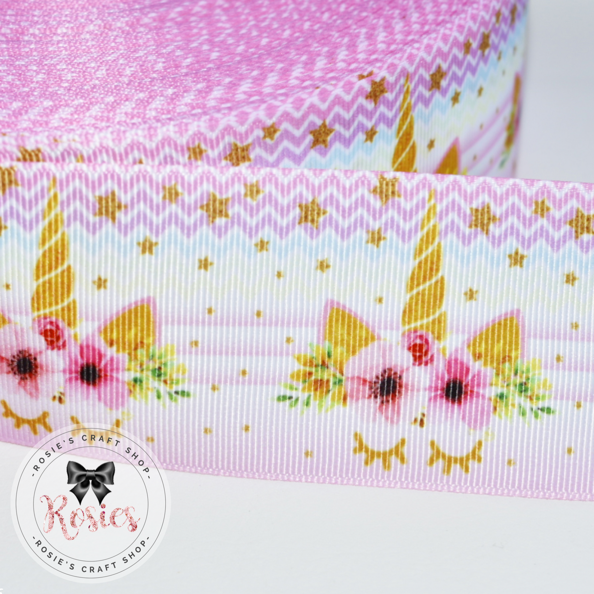Sleepy Unicorns in Pink & Gold Printed Grosgrain Ribbon - Rosie's Craft Shop Ltd