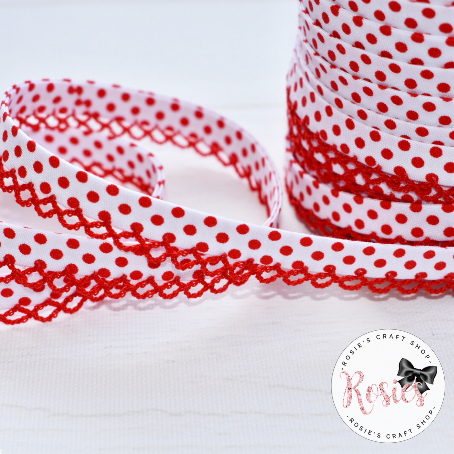 12mm White with Red Polka Dots Pre-Folded Bias Binding with Scallop Lace Edge - Rosie's Craft Shop Ltd