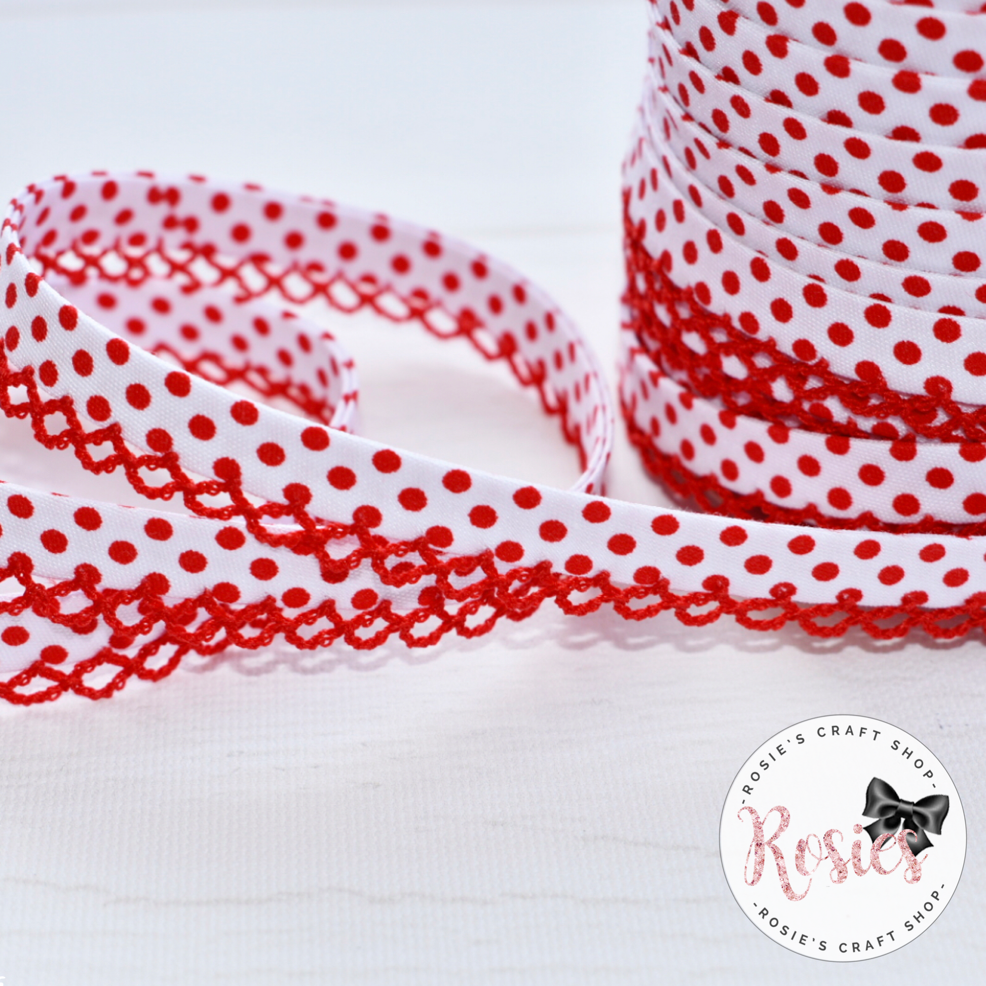12mm White with Red Polka Dots Pre-Folded Bias Binding with Scallop Lace Edge - Rosie's Craft Shop Ltd