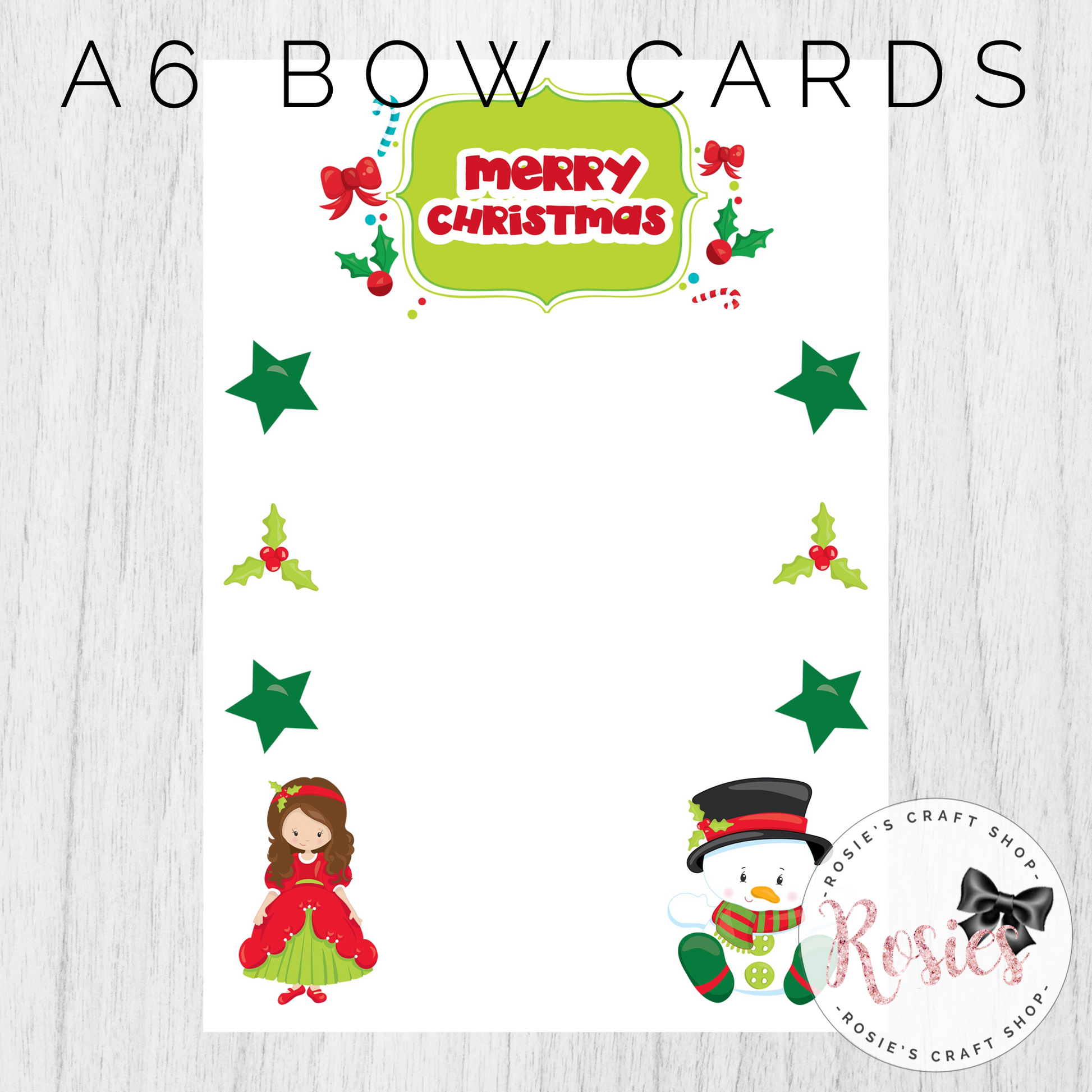 A6 Merry Christmas Printed Bow Display Cards - Rosie's Craft Shop Ltd