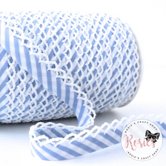 12mm Baby Blue Candy Stripe Pre-Folded Bias Binding with Scallop Lace Edge - Rosie's Craft Shop Ltd
