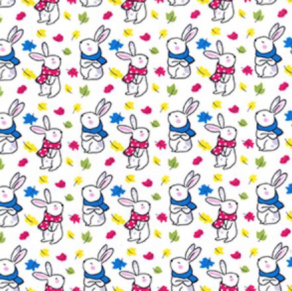 Little Bunnies in Scarves on Ivory 100% Cotton Fabric - Rosie's Craft Shop Ltd