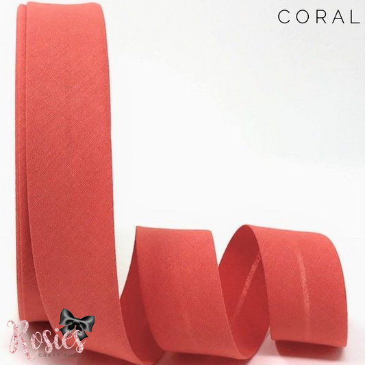 30mm Coral Plain Polycotton Bias Binding - Rosie's Craft Shop Ltd