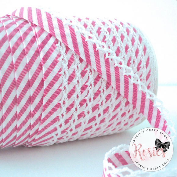 12mm Hot Pink Candy Stripe Pre-Folded Bias Binding with Scallop Lace Edge - Rosie's Craft Shop Ltd
