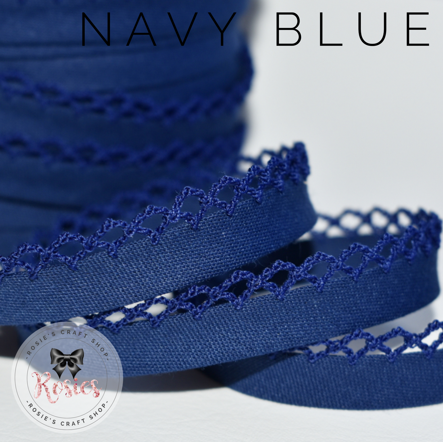 12mm Navy Blue Plain Pre-Folded Bias Binding with Scallop Lace Edge - Rosie's Craft Shop Ltd