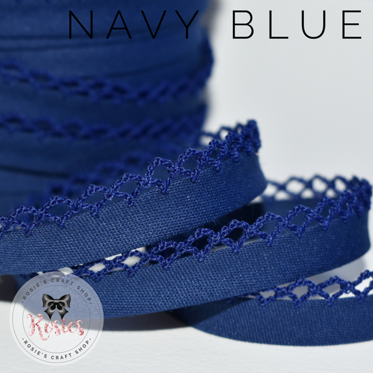 12mm Navy Blue Plain Pre-Folded Bias Binding with Scallop Lace Edge - Rosie's Craft Shop Ltd