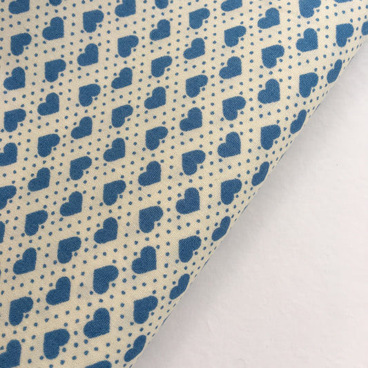 Mini Blue Polka Dot Hearts on Cream 100% Cotton Fabric - Rosie's Craft Shop Ltd