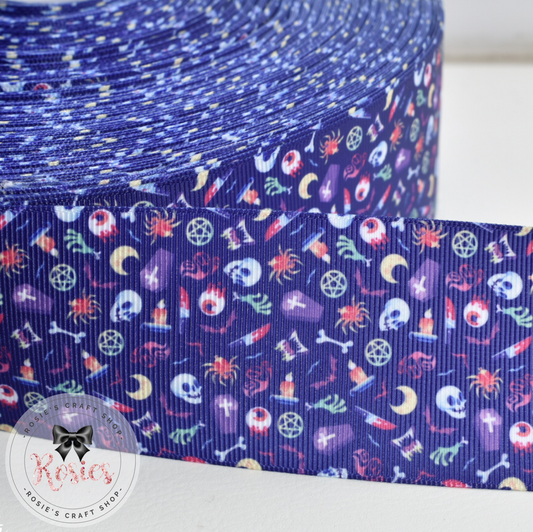 Purple Skulls & Coffins Halloween Printed Grosgrain Ribbon - Rosie's Craft Shop Ltd