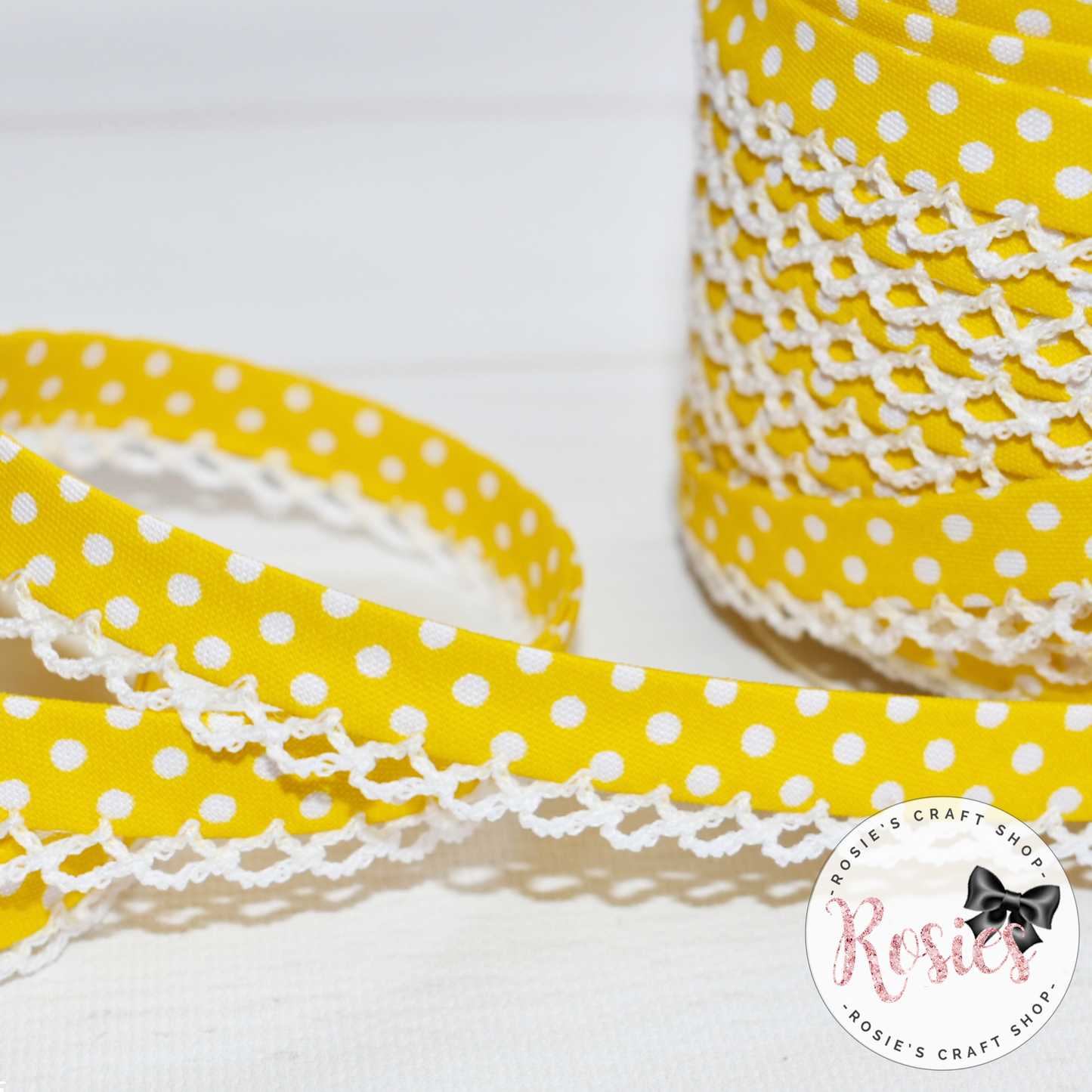 12mm Yellow with White Polka Dots Pre-Folded Bias Binding with Scallop Lace Edge - Rosie's Craft Shop Ltd
