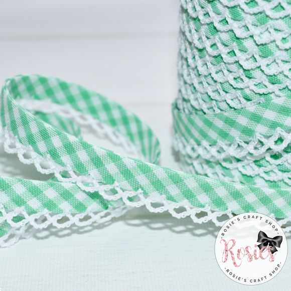 12mm Green Gingham Pre-Folded Bias Binding with Scallop Lace Edge - Rosie's Craft Shop Ltd