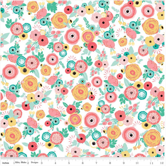 White Just Sayin' Floral Bloom - My Mind's Eye By Riley Blake - 100% Cotton Fabric - Rosie's Craft Shop Ltd