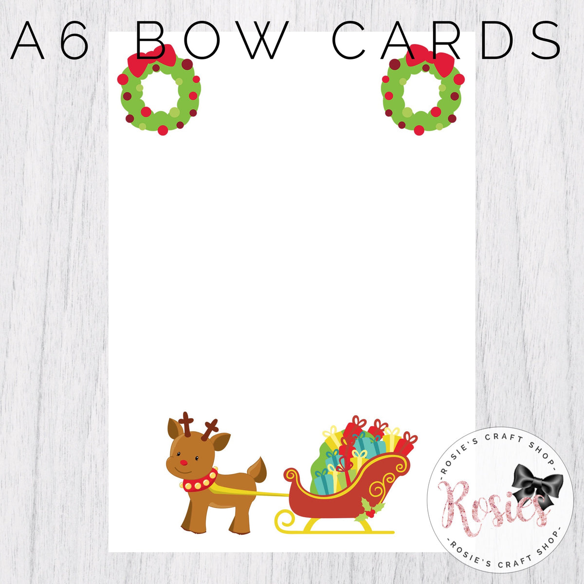 A6 Rudolph Christmas Wreath Printed Bow Display Cards - Rosie's Craft Shop Ltd