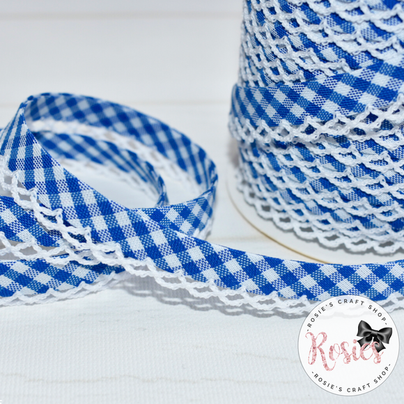 12mm Royal Blue Gingham Pre-Folded Bias Binding with Scallop Lace Edge - Rosie's Craft Shop Ltd