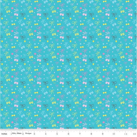 Aqua Bows and Shoes - Ballerina Bows by Riley Blake - 100% Cotton Fabric - Rosie's Craft Shop Ltd