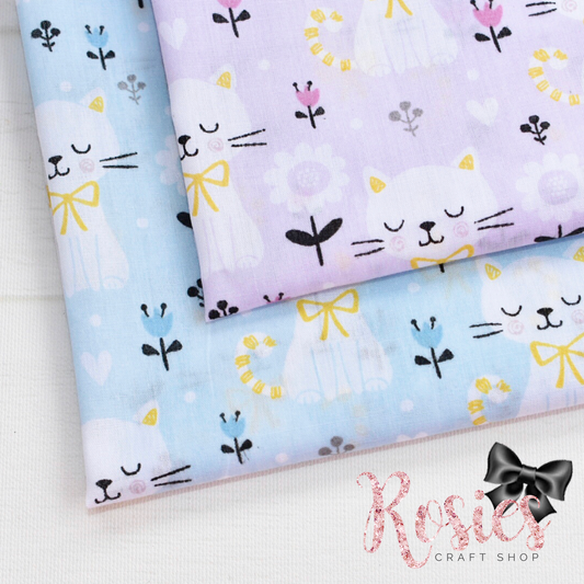 Sleepy Kitty & Flowers Polycotton Fabric