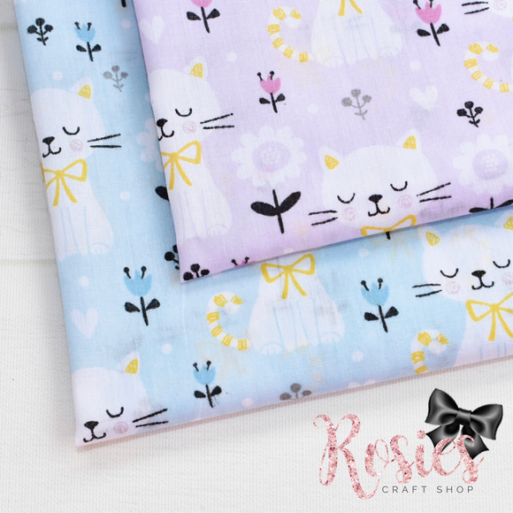 Sleepy Kitty & Flowers Polycotton Fabric