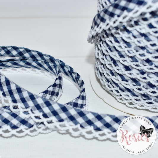 12mm Navy Blue Gingham Pre-Folded Bias Binding with Scallop Lace Edge - Rosie's Craft Shop Ltd