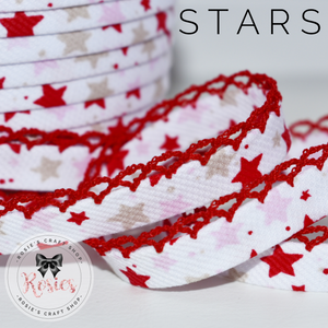 12mm Pink & Red Stars Pre-Folded Bias Binding with Scallop Lace Edge - Rosie's Craft Shop Ltd