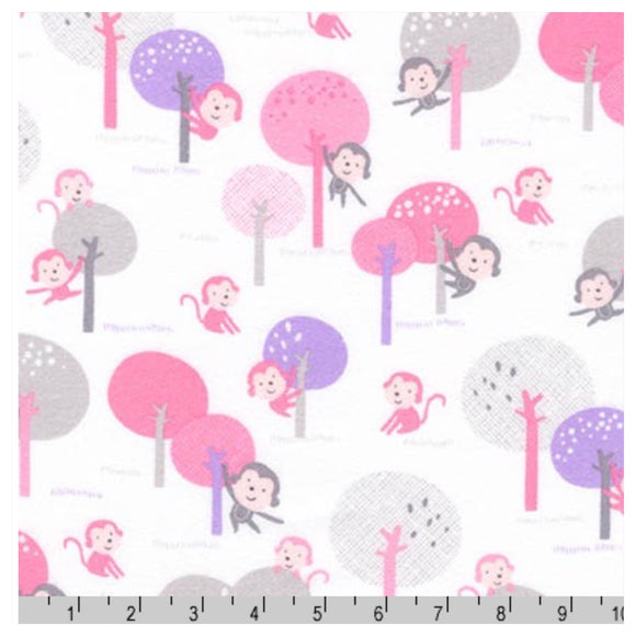 White Monkey & Pink Trees - Monkey Hangout By Robert Kaufman - 100% Cotton Flannel Fabric - Rosie's Craft Shop Ltd