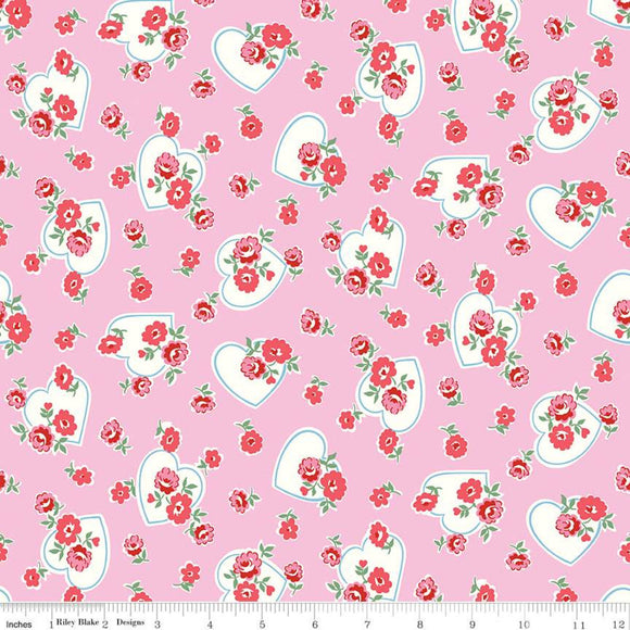 Pink Floral Love Hearts - Love Letters - Riley Blake Cotton Fabric