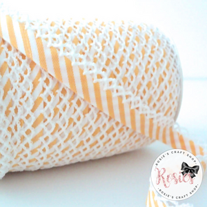 12mm Yellow Candy Stripe Pre-Folded Bias Binding with Scallop Lace Edge - Rosie's Craft Shop Ltd