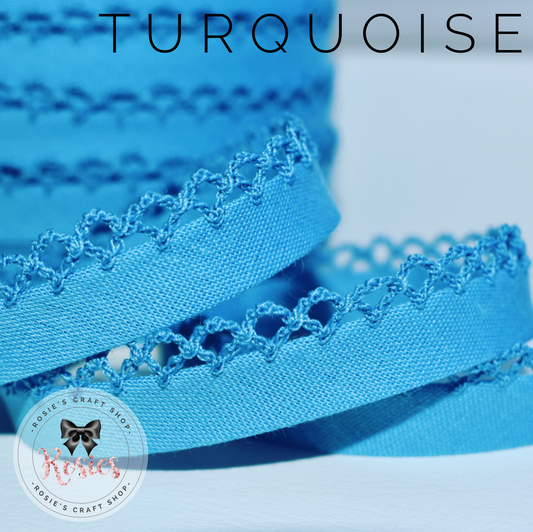 12mm Turquoise Plain Pre-Folded Bias Binding with Scallop Lace Edge - Rosie's Craft Shop Ltd