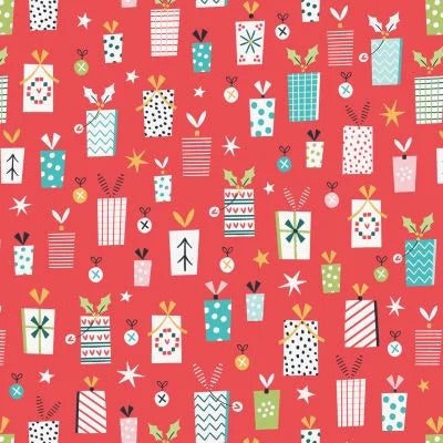 Christmas Presents on Red with Metallic Designer Fabric Felt