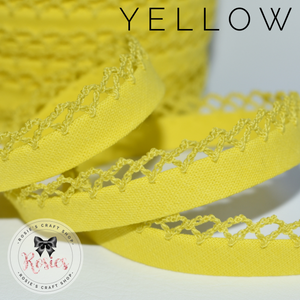 12mm Yellow Plain Pre-Folded Bias Binding with Scallop Lace Edge - Rosie's Craft Shop Ltd