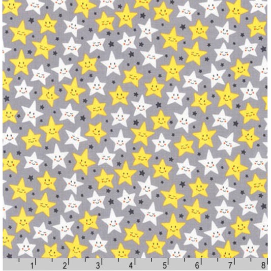 Smiling Happy Stars Grey - Daydreamer By Robert Kaufman - 100% Cotton Fabric - Rosie's Craft Shop Ltd