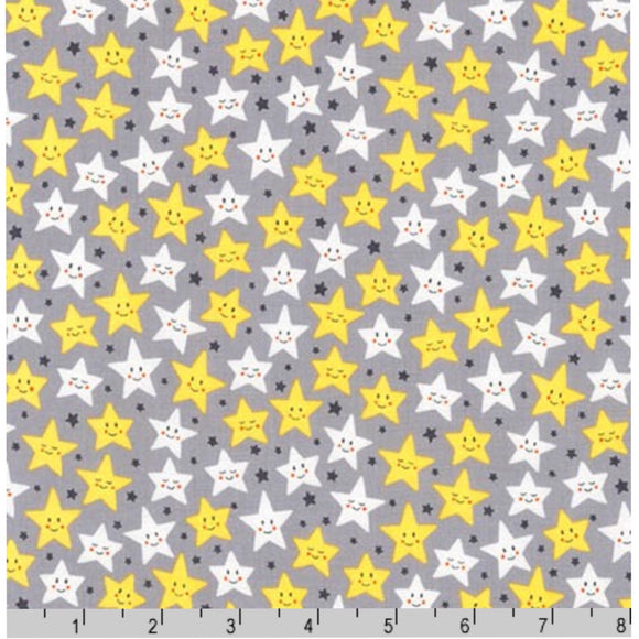 Smiling Happy Stars Grey - Daydreamer By Robert Kaufman - 100% Cotton Fabric - Rosie's Craft Shop Ltd