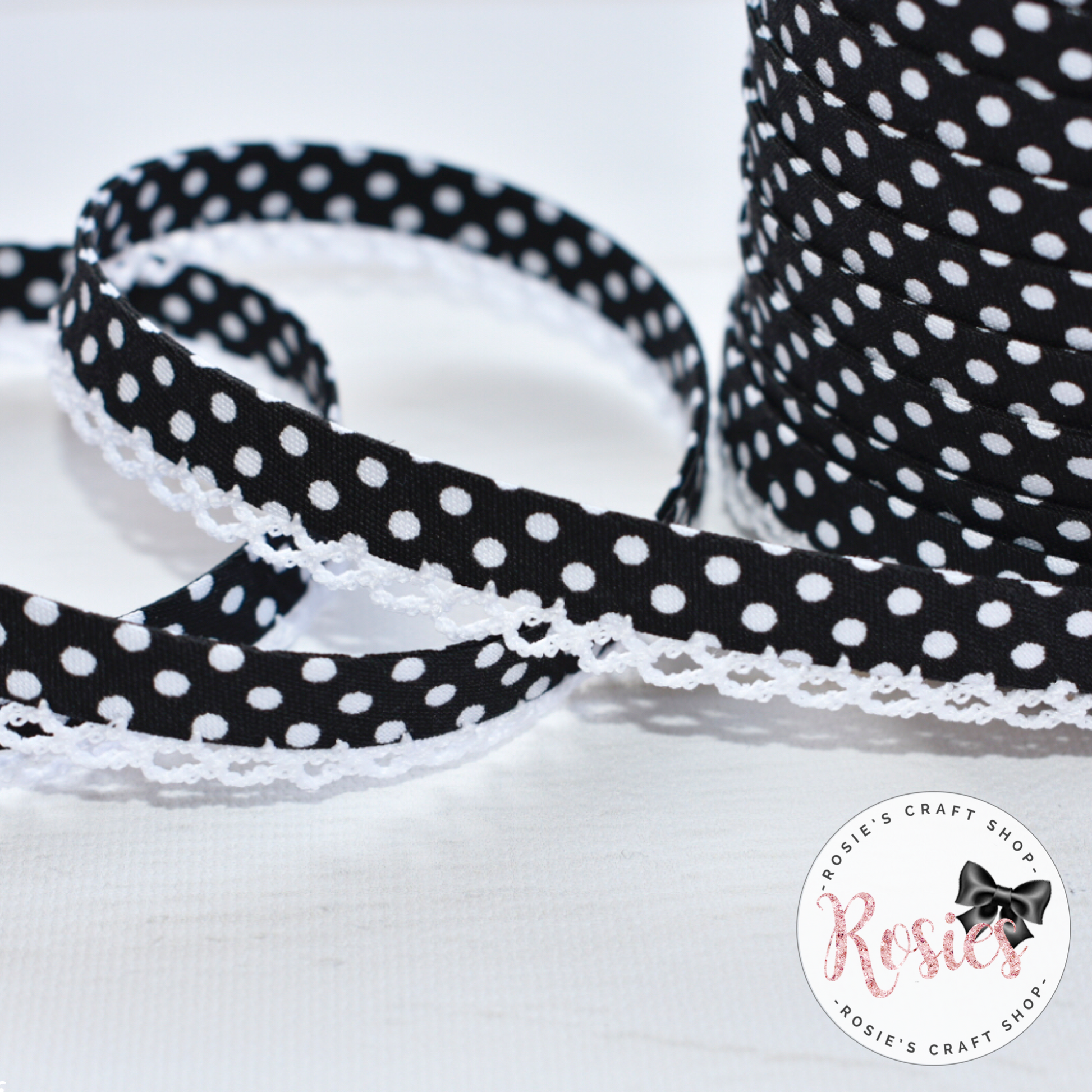 12mm Black with White Polka Dots Pre-Folded Bias Binding with Scallop Lace Edge - Rosie's Craft Shop Ltd
