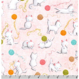Kittens and Wool Balls Pink - Cuddly Kittens By Robert Kaufman - 100% Cotton Flannel Fabric - Rosie's Craft Shop Ltd