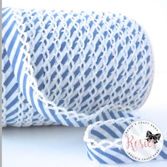 12mm Royal Blue Candy Stripe Pre-Folded Bias Binding with Scallop Lace Edge - Rosie's Craft Shop Ltd