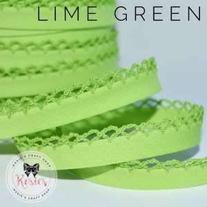 12mm Lime Green Plain Pre-Folded Bias Binding with Scallop Lace Edge - Rosie's Craft Shop Ltd