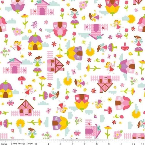REMNANT 84cm x 110cm Toadstool Houses White - Fairy Garden - Riley Blake Cotton Fabric ✂️