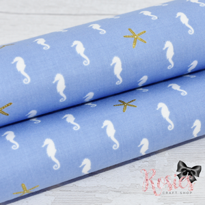 Seahorses and Starfish Blue with White and Metallic Gold Designer Fabric Felt