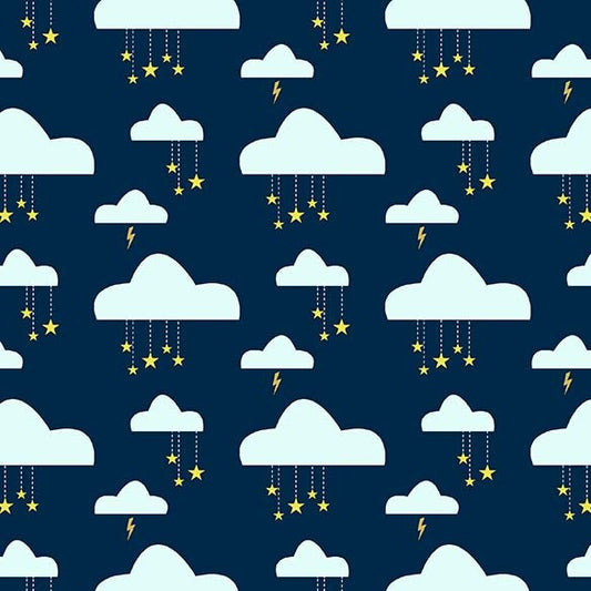 Swinging on a Star Navy Clouds - Believe - Michael Miller Cotton Fabric